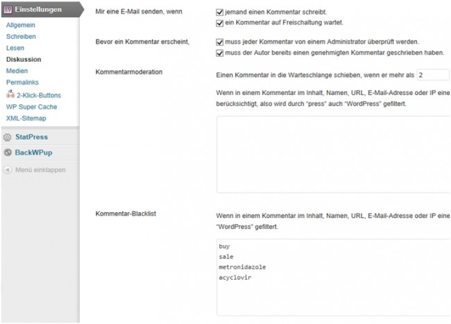 Bild zeigt die WordPress Diskussions Einstellungen