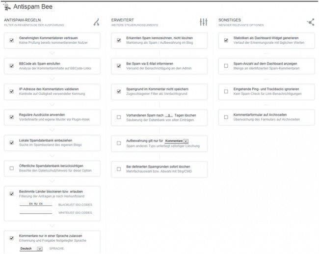 Bild zeigt die umfangreichen Einstellungen vom WordPress Plugin Antispam Bee